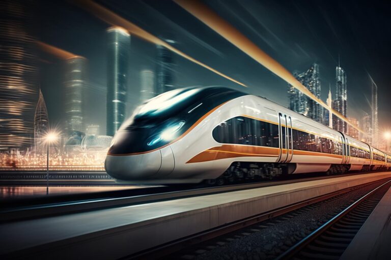 high_speed_train_station_blurred_cityscape_night_background_generative_ai_d3b02b7ee3